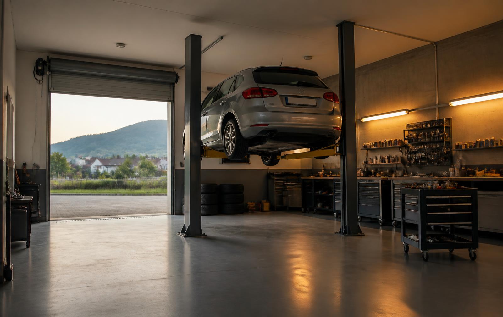 Interiér autoservisu s vozidlom na zdviháku